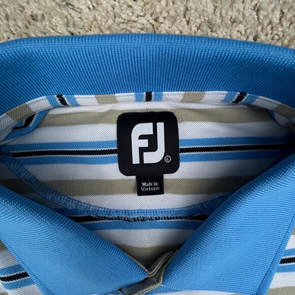 Footjoy Polo Shirt Mens Large Blue Beige Striped Short Sleeve Amelia Island Club - Picture 7 of 16